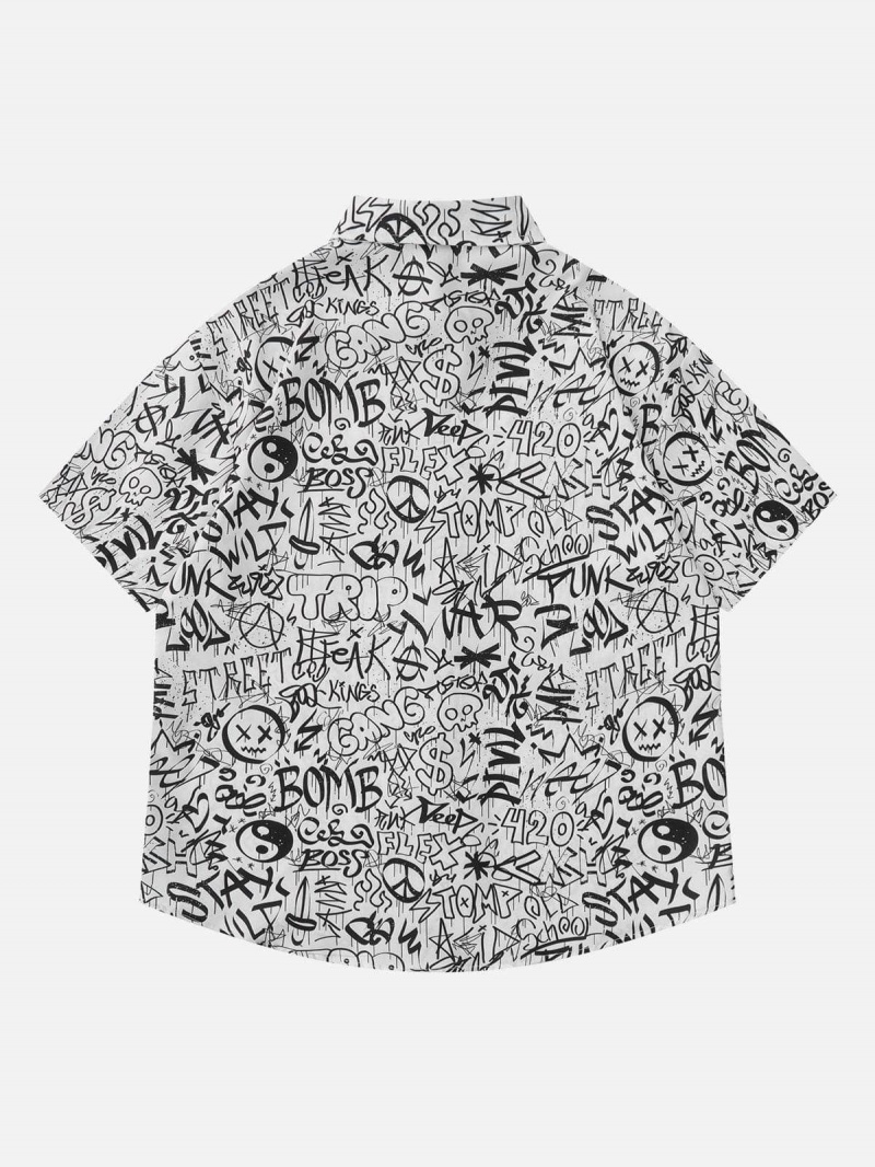 Chemise à Manches Courtes Aelfric Eden All-over Bagua Array Graffiti Print Blanche | HKE-10102089